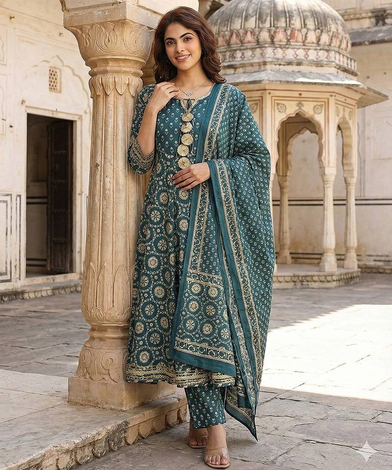 Anouk teal blue and cream pure cotton anarkali regular kurta set