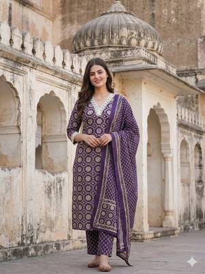 purple and cream pure cotton straight regular kurta set 1