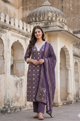 Anouk purple and cream pure cotton straight regular kurta set