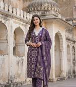 Anouk purple and cream pure cotton straight regular kurta set