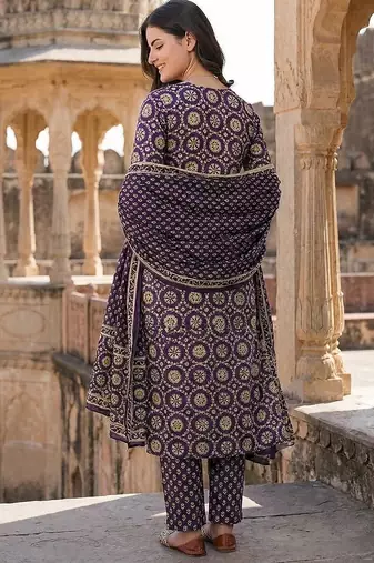 purple and cream pure cotton straight regular kurta set