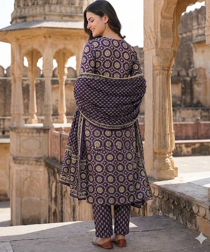 Anouk purple and cream pure cotton straight regular kurta set