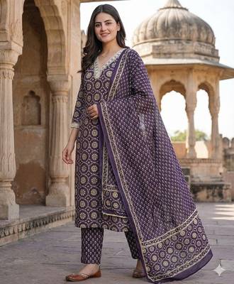 purple and cream pure cotton straight regular kurta set 3