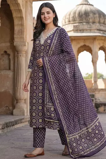 purple and cream pure cotton straight regular kurta set