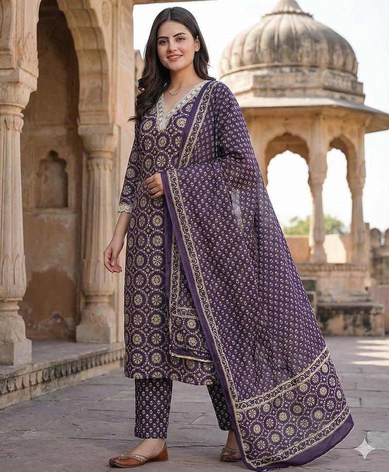Anouk purple and cream pure cotton straight regular kurta set
