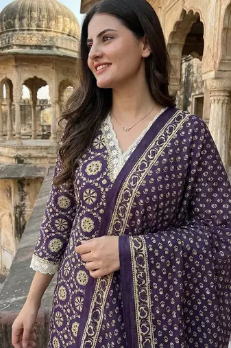 purple and cream pure cotton straight regular kurta set