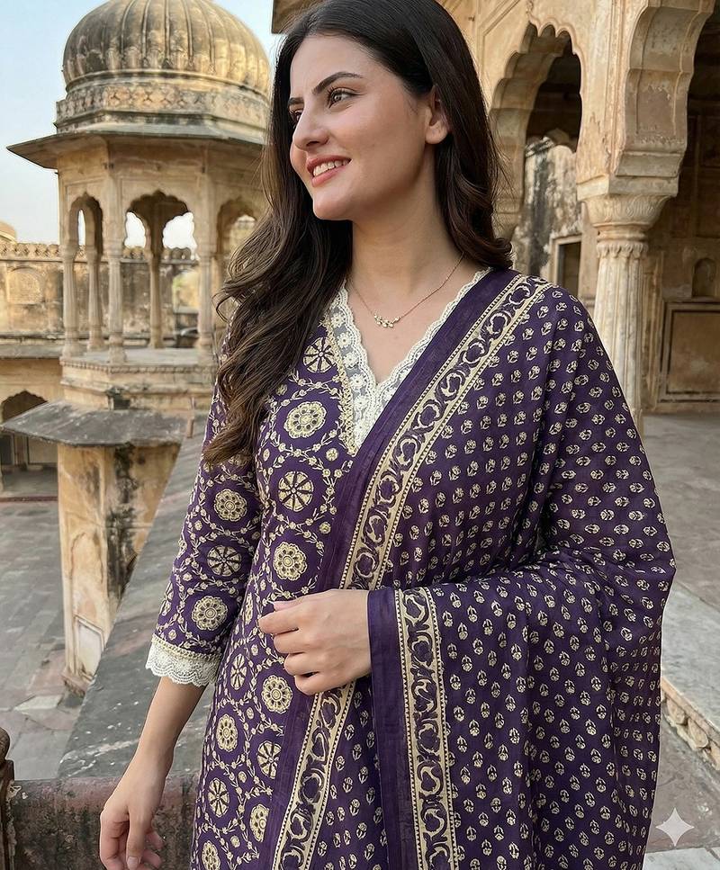 Anouk purple and cream pure cotton straight regular kurta set