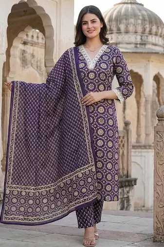purple and cream pure cotton straight regular kurta set
