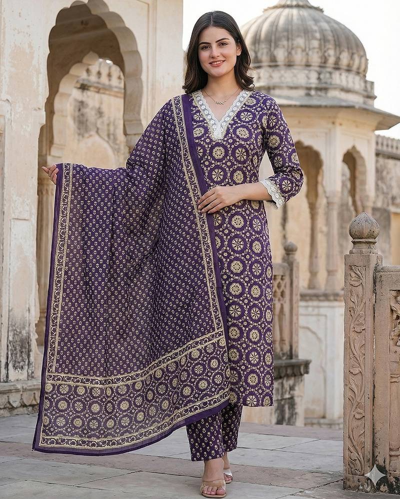 Anouk purple and cream pure cotton straight regular kurta set