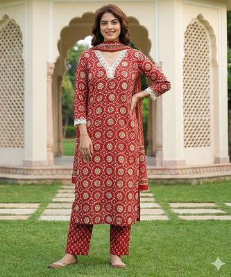 red and cream pure cotton straight regular kurta set 1