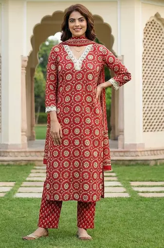 Anouk red and cream pure cotton straight regular kurta set