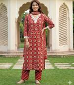 Anouk red and cream pure cotton straight regular kurta set