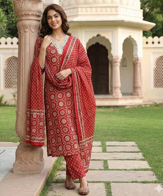 red and cream pure cotton straight regular kurta set 2