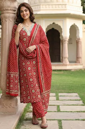 red and cream pure cotton straight regular kurta set