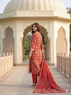 red and cream pure cotton straight regular kurta set 3