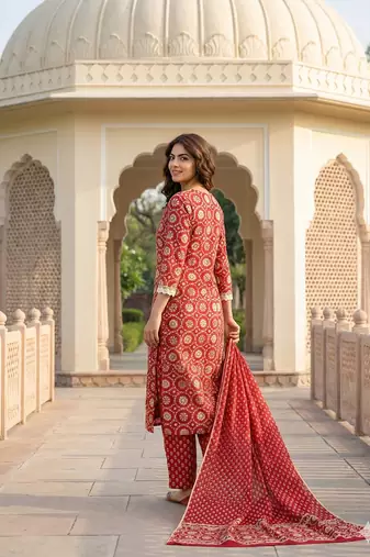 red and cream pure cotton straight regular kurta set