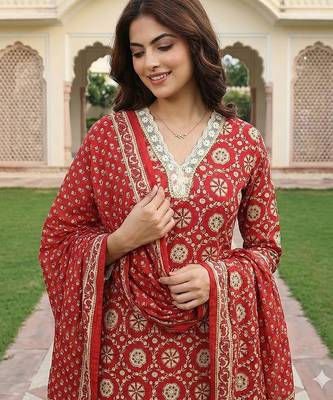 red and cream pure cotton straight regular kurta set 4