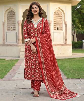 red and cream pure cotton straight regular kurta set 5