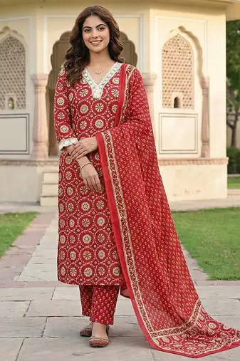 red and cream pure cotton straight regular kurta set