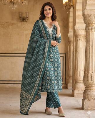 teal blue and cream pure cotton straight regular kurta set 1