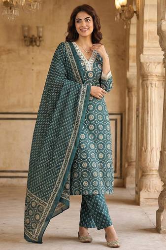 Anouk teal blue and cream pure cotton straight regular kurta set