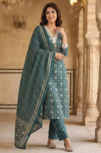 Anouk teal blue and cream pure cotton straight regular kurta set