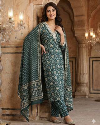 teal blue and cream pure cotton straight regular kurta set 3