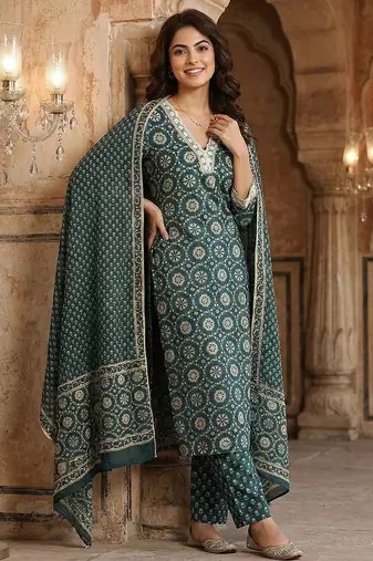 teal blue and cream pure cotton straight regular kurta set