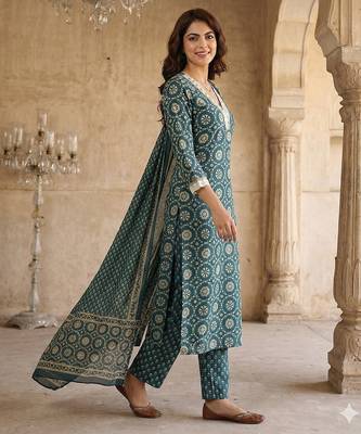 teal blue and cream pure cotton straight regular kurta set 4