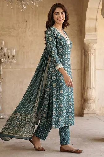 teal blue and cream pure cotton straight regular kurta set