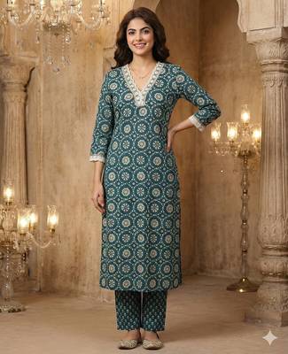 teal blue and cream pure cotton straight regular kurta set 5