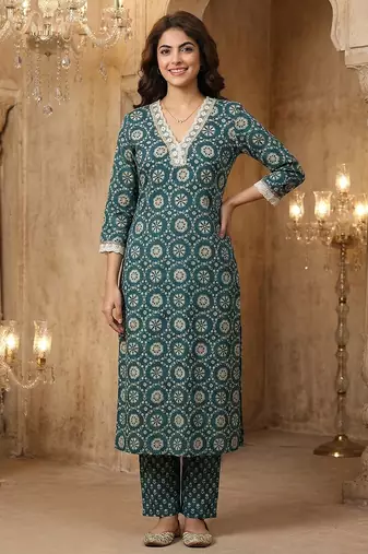 teal blue and cream pure cotton straight regular kurta set