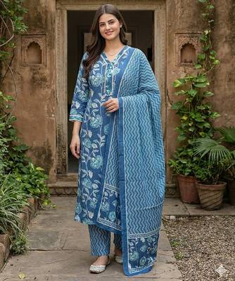 blue pure cotton straight regular kurta set 1