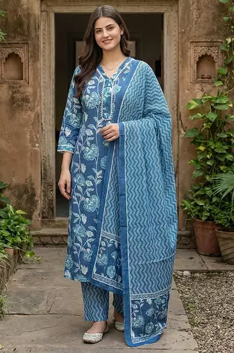 Anouk blue pure cotton straight regular kurta set