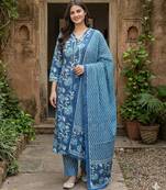 Anouk blue pure cotton straight regular kurta set
