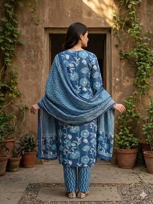 blue pure cotton straight regular kurta set 2