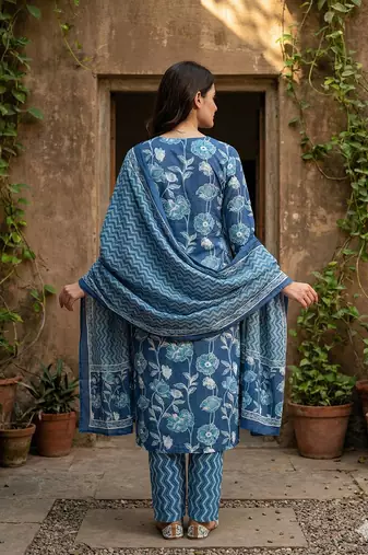 blue pure cotton straight regular kurta set