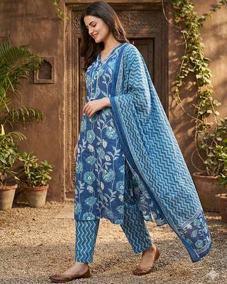blue pure cotton straight regular kurta set 3