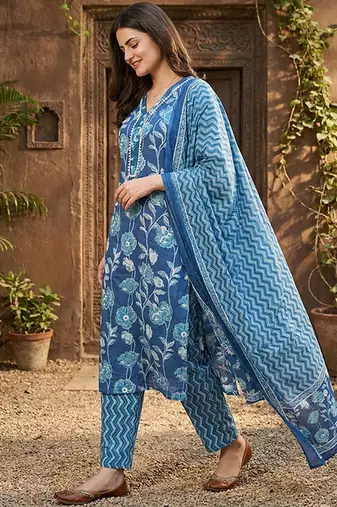 blue pure cotton straight regular kurta set