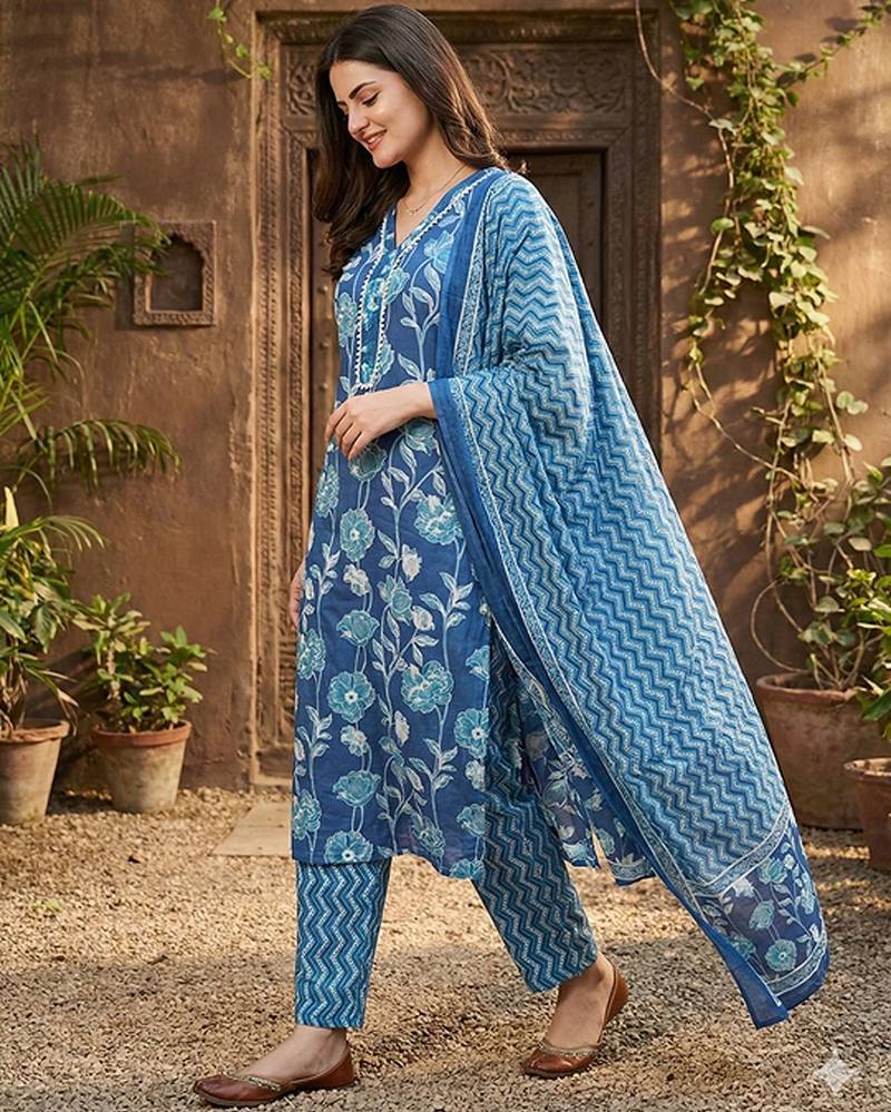 Anouk blue pure cotton straight regular kurta set