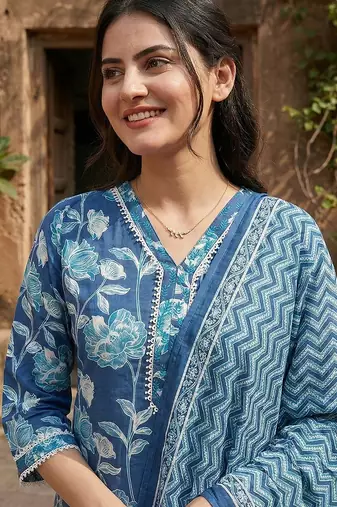 blue pure cotton straight regular kurta set