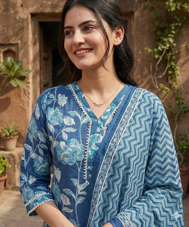 Anouk blue pure cotton straight regular kurta set