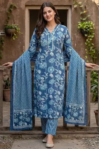 blue pure cotton straight regular kurta set