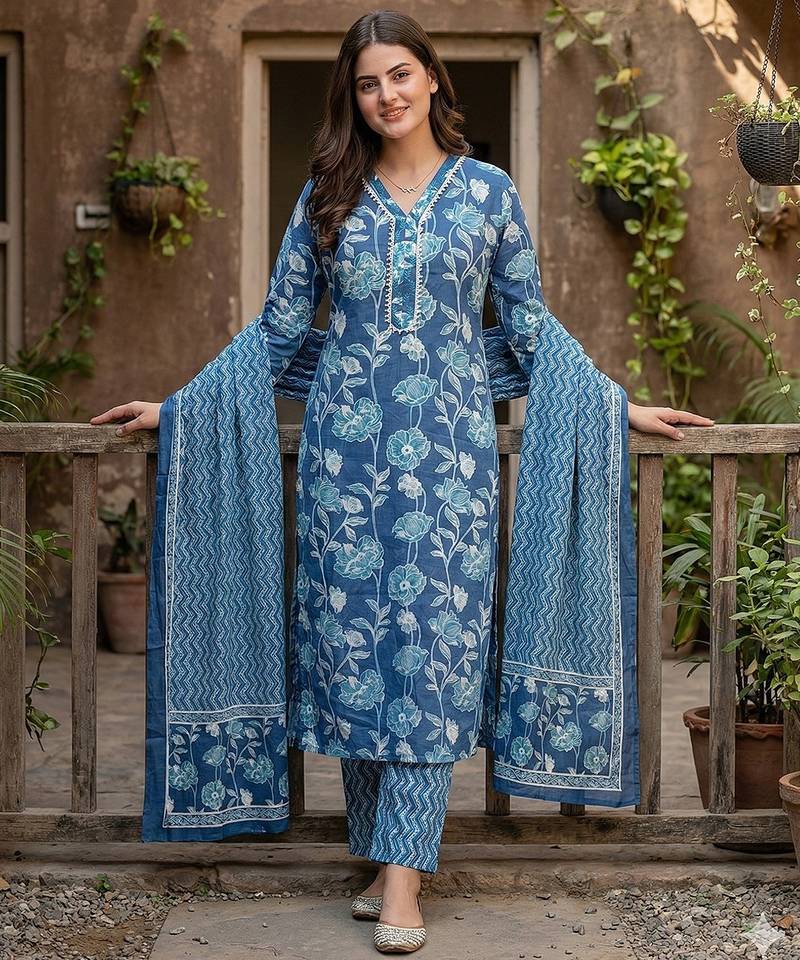 Anouk blue pure cotton straight regular kurta set