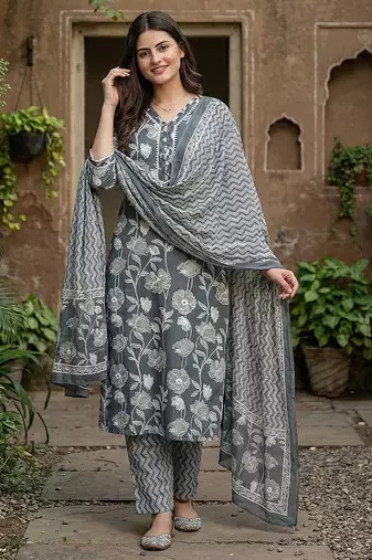 Anouk grey pure cotton straight regular kurta set
