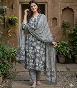 Anouk grey pure cotton straight regular kurta set