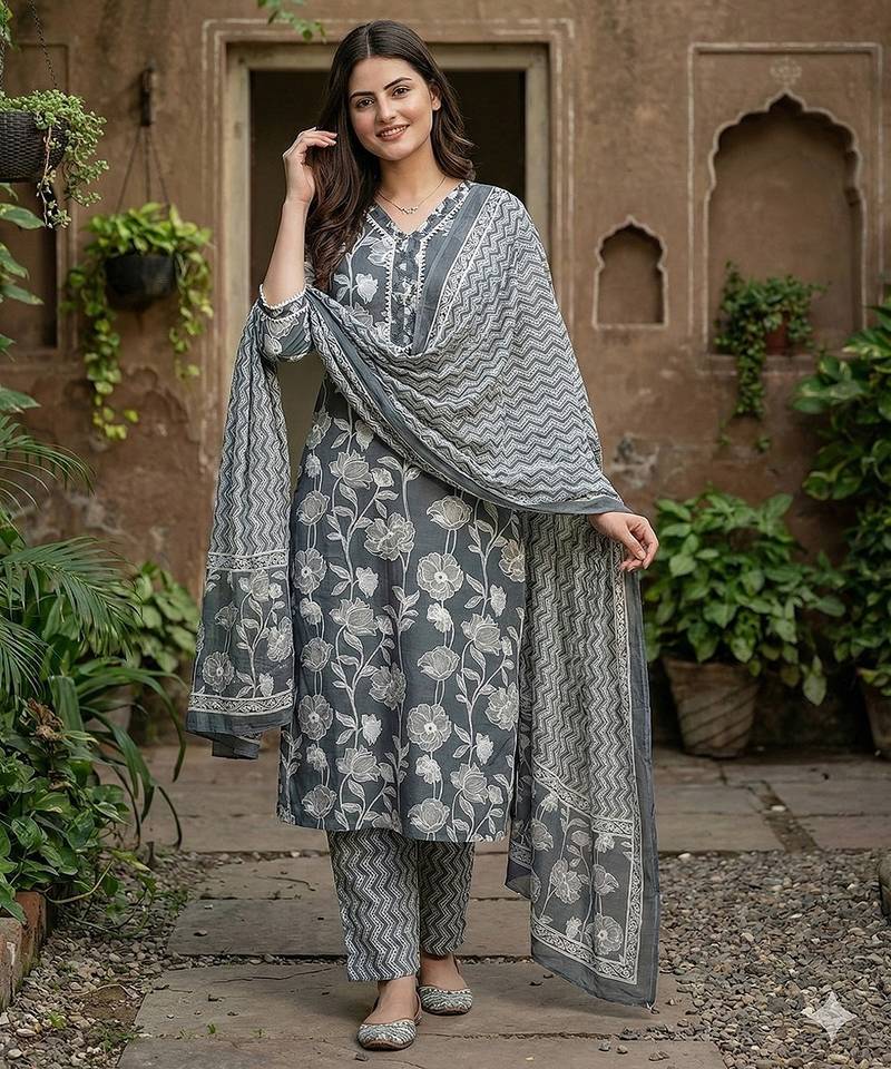 Anouk grey pure cotton straight regular kurta set