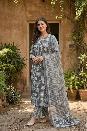 grey pure cotton straight regular kurta set