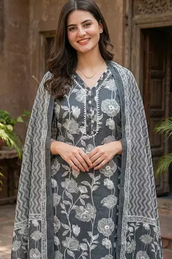 grey pure cotton straight regular kurta set