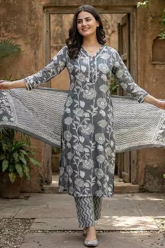grey pure cotton straight regular kurta set
